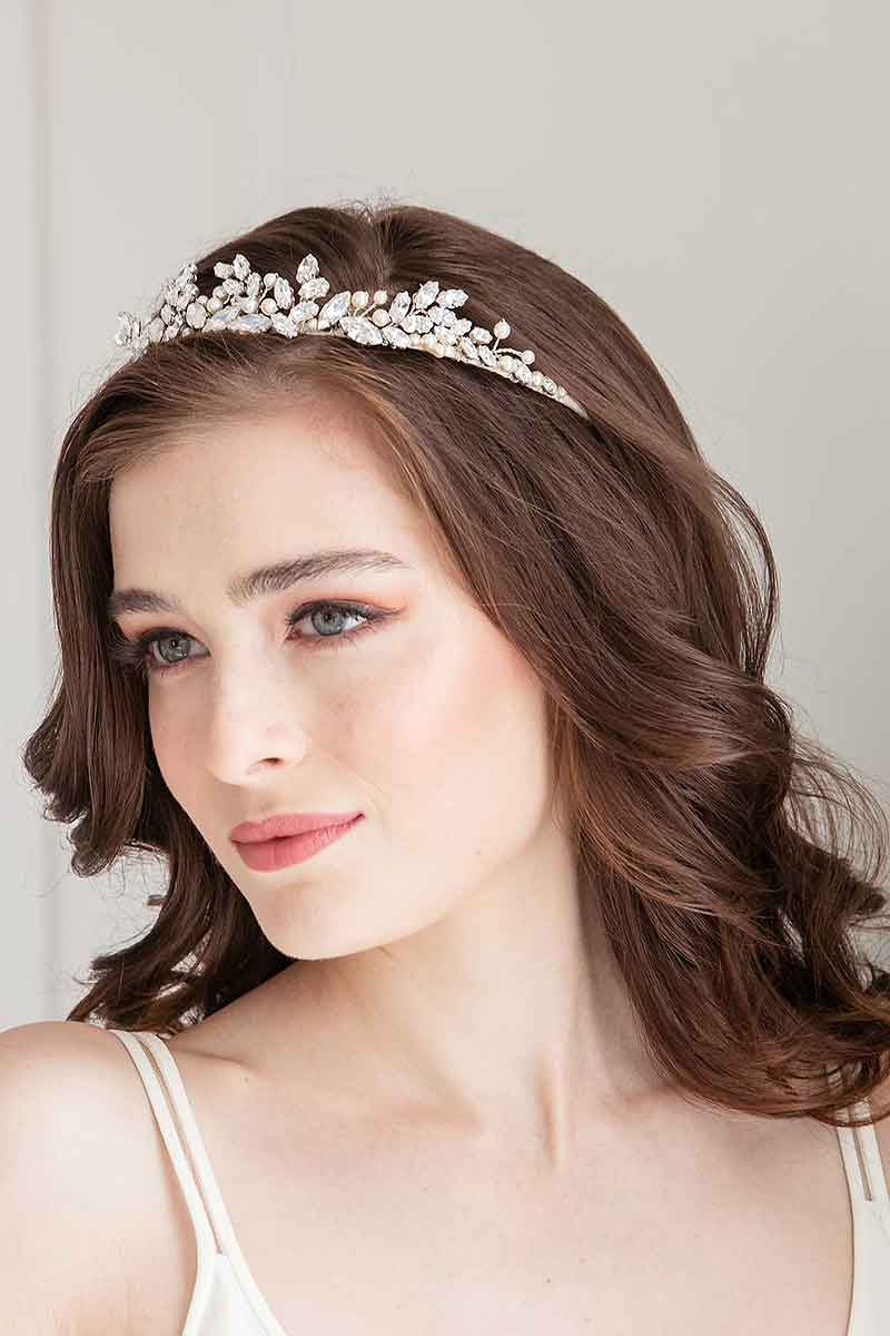 Organza bridal tiara with pearls and crystal marquis stones. Crown bridal accessory handmade in Canada by Laura Jayne Accessories Toronto. 