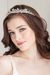 Bride wearing Spryte bridal tiara with pearls and crystal accents. Laura Jayne Bridal Accessories. Handcrafted in Toronto, Canada. 