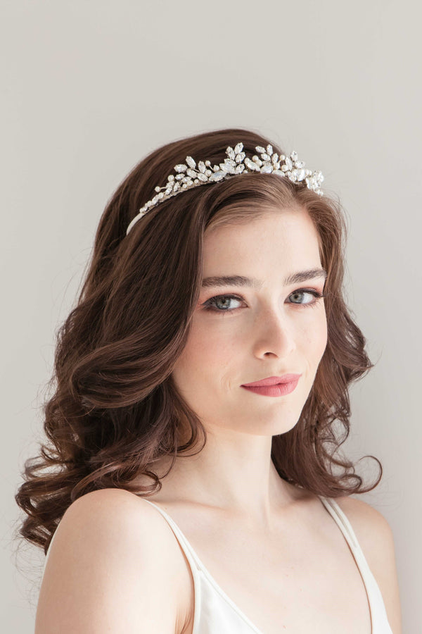 Bride is wearing organza tiara with pearl and crystal marquis stones. Spryte Wedding tiara by Laura Jayne. Handcrafted in Toronto, Canada.