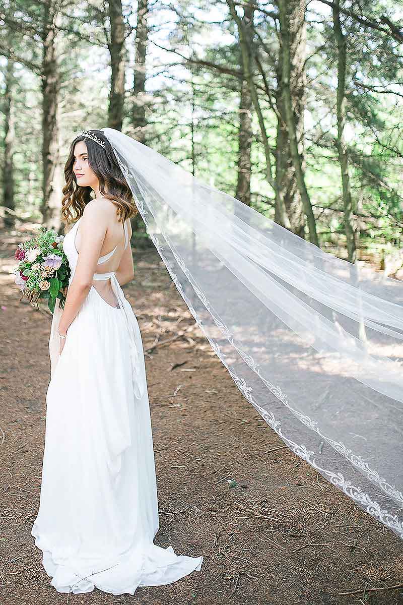 A statement cathedral veil with delicate swirls of silver embroidery and beading framing the edge and rising up the centre train