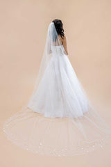 Back view of bride wearing Liliya cathedral veil with pearls and paillettes by Laura Jayne Accessories Toronto.