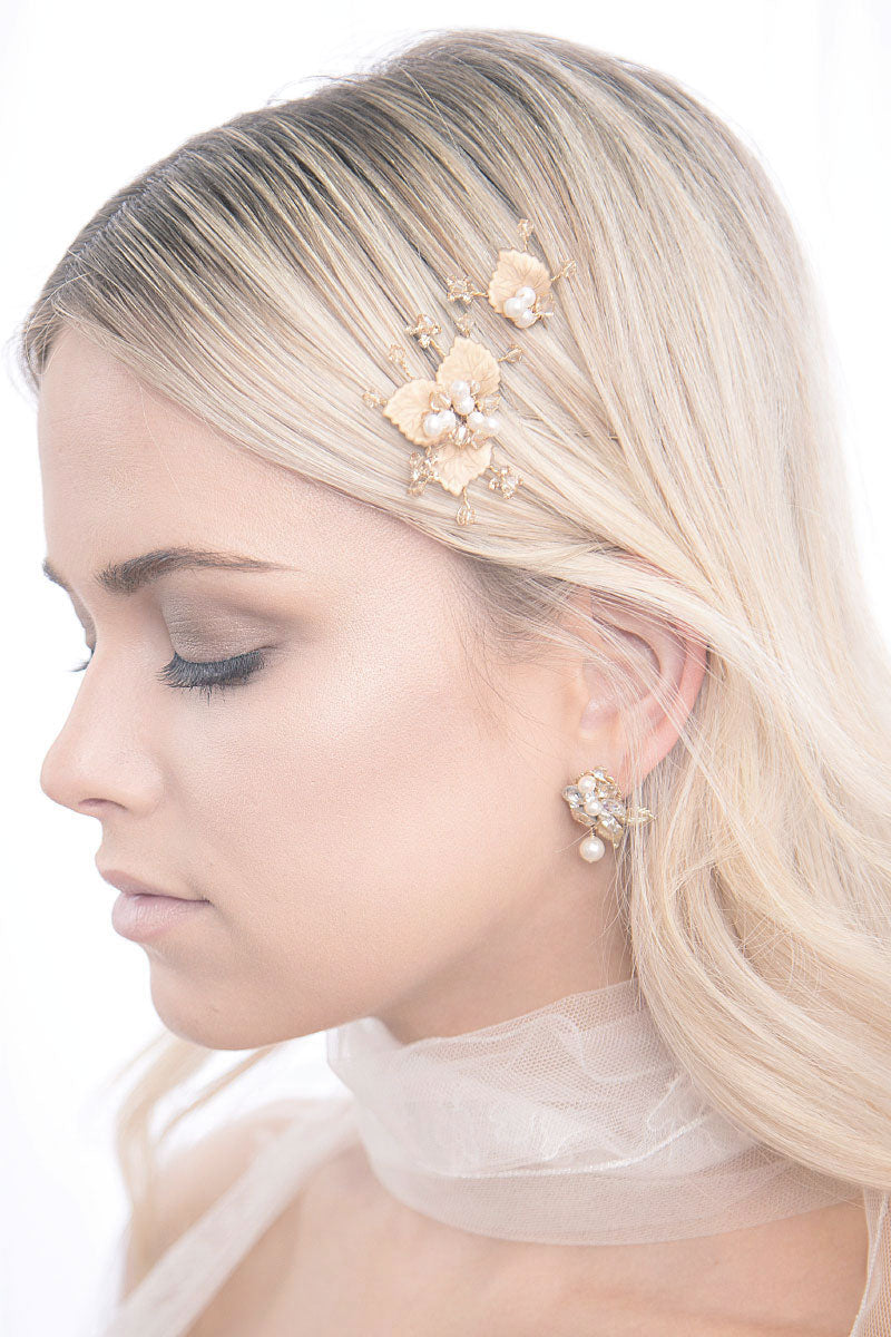 Profile of woman wearing Gilt Foliage Hairpins by Laura Jayne Accessories