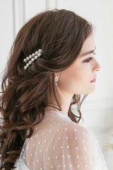 Profile of woman wearing Elena pearl crystal barrette pair by Laura Jayne Accessories Toronto