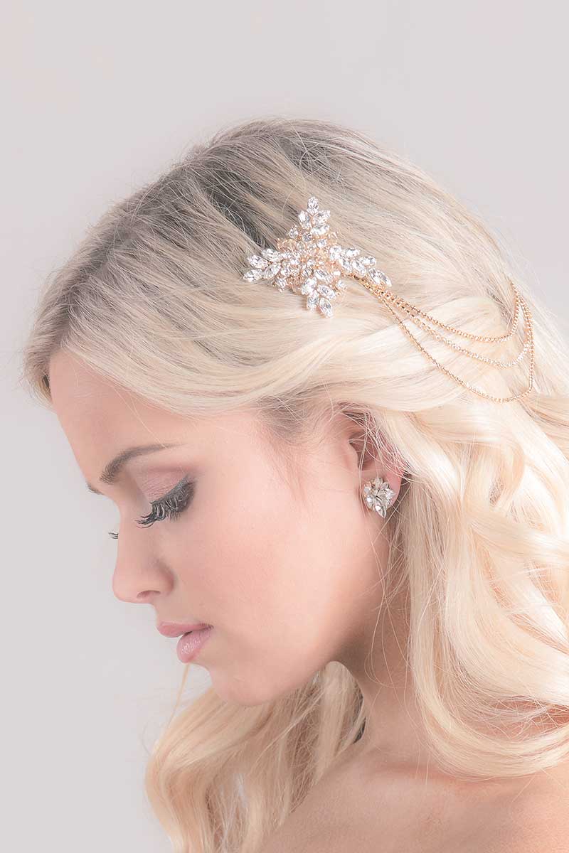 Profile of woman wearing silver champagne Stacey hair accessory by Laura Jayne