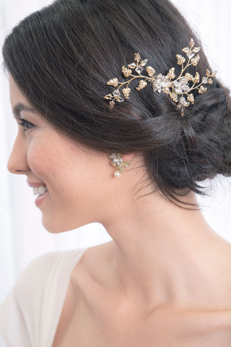 Profile of woman wearing Kristin blossom gold bridal hair comb by Laura Jayne Accessories