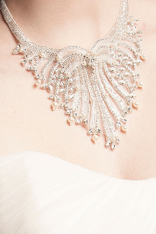 Close up of art deco style beaded bib necklace by Laura Jayne wedding jewelry handmade in Toronto