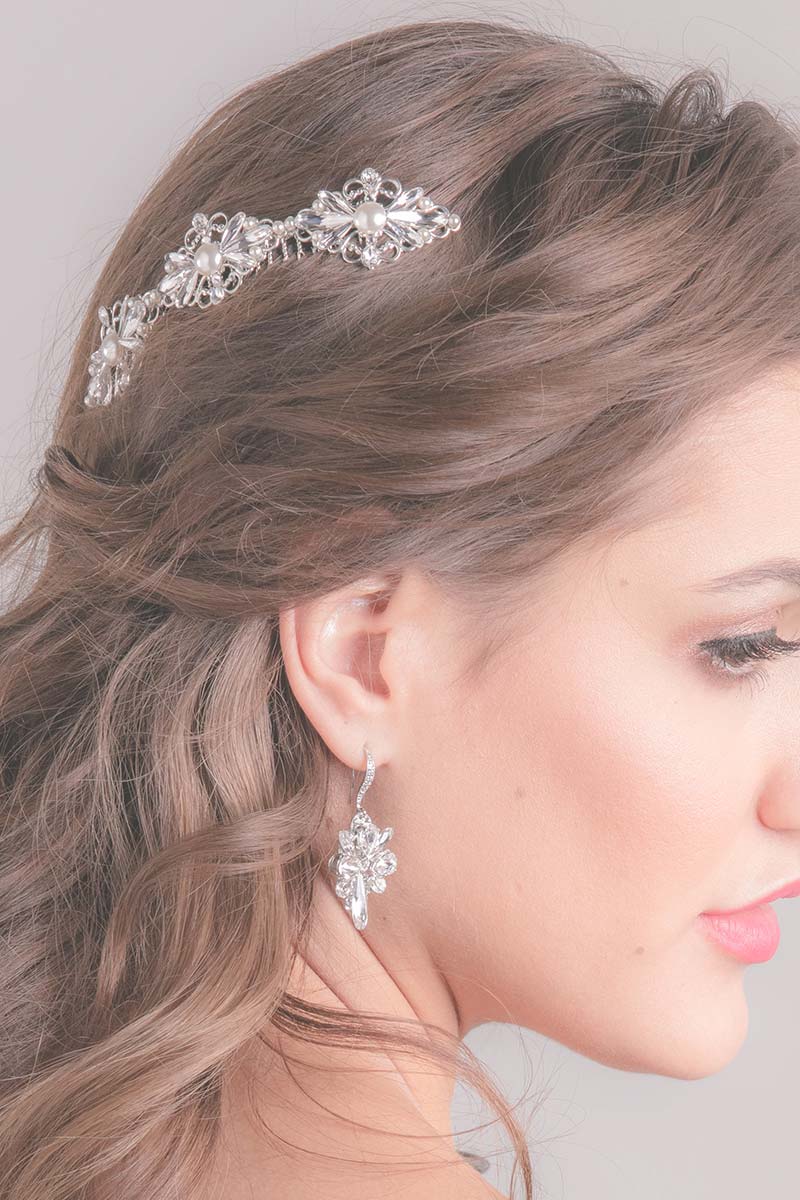 Profile of bride wearing Delice filigree bridal hair comb by Laura Jayne Accessories Toronto