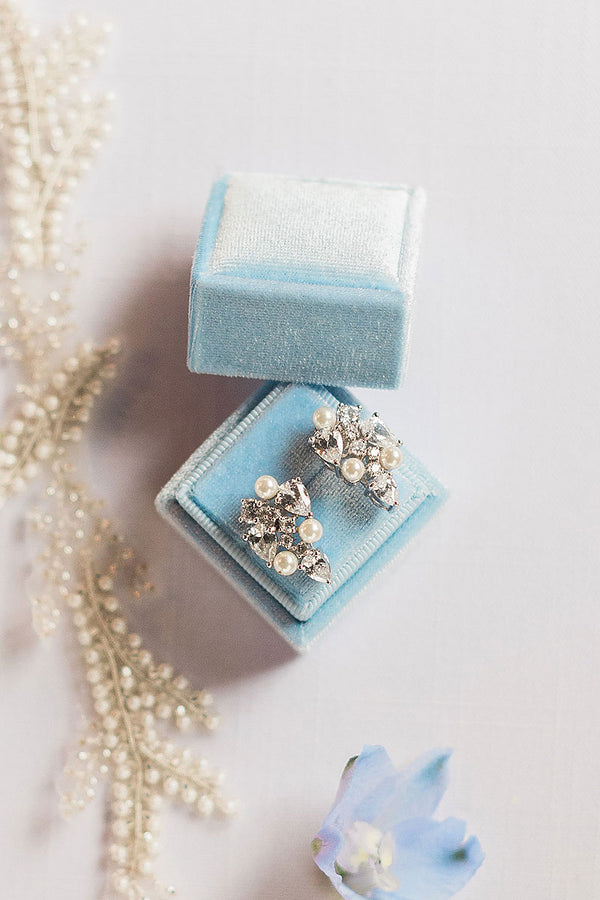E014B Pearl pear cz post earrings in aqua velvet ring box by Laura Jayne Accessories