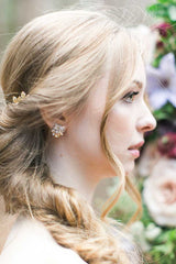 Profile of woman wearing marquis champagne cluster crystal post earrings E3033 by Laura Jayne Accessories