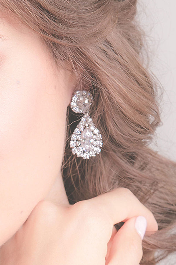 close up of crystal teardrop earring