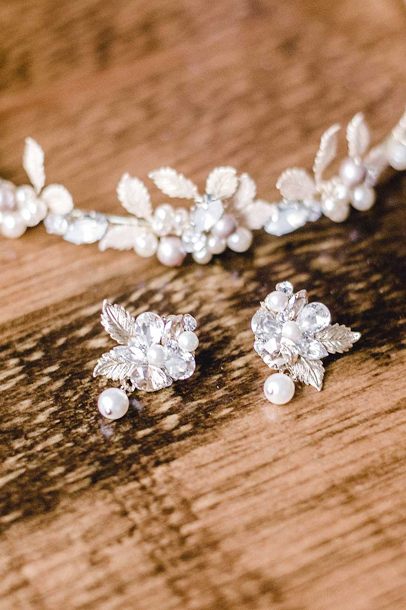 Close up of Laura Jayne E7021 leaf crystal pearl drop earrings