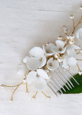 Gold and clay flower crystal pearl bridal hair comb by Laura Jayne
