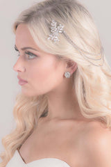 Profile of bride wearing Harmony crystal wedding hair accessory by Laura Jayne