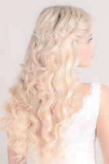 Crystal Pearl bridal hair vine Quin styled on back of woman's hair