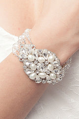 Womans arm with Greta freshwater pearl and crystal statement wedding bracelet by Laura Jayne Accessories