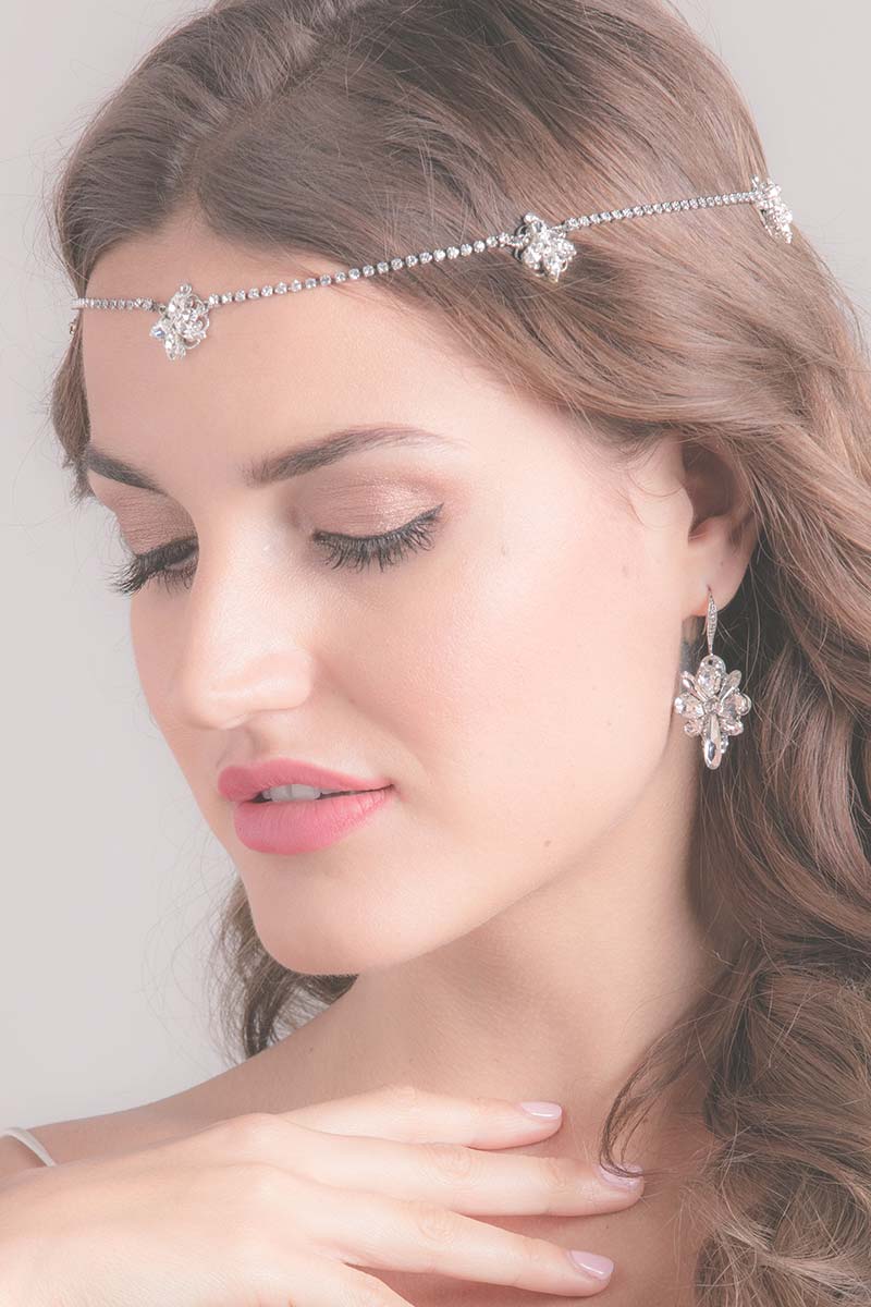 Model wearing Mae crystal hairchain headpiece by Laura Jayne Accessories