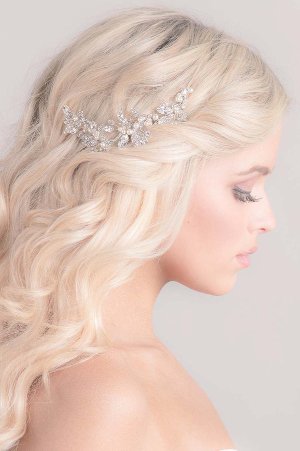 Profile of woman wearing Maeve crystal bridal hairvine by Laura Jayne Accessories