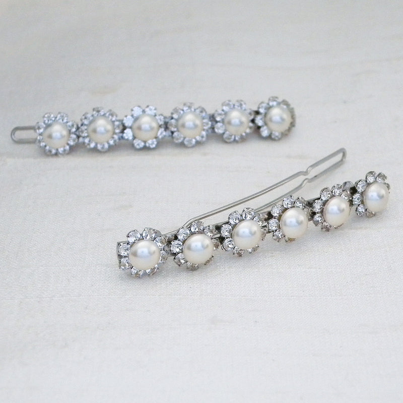 Set of 2 Elena Pearl Rondelle Barrettes with crystals BT0036 from Laura Jayne Bridal