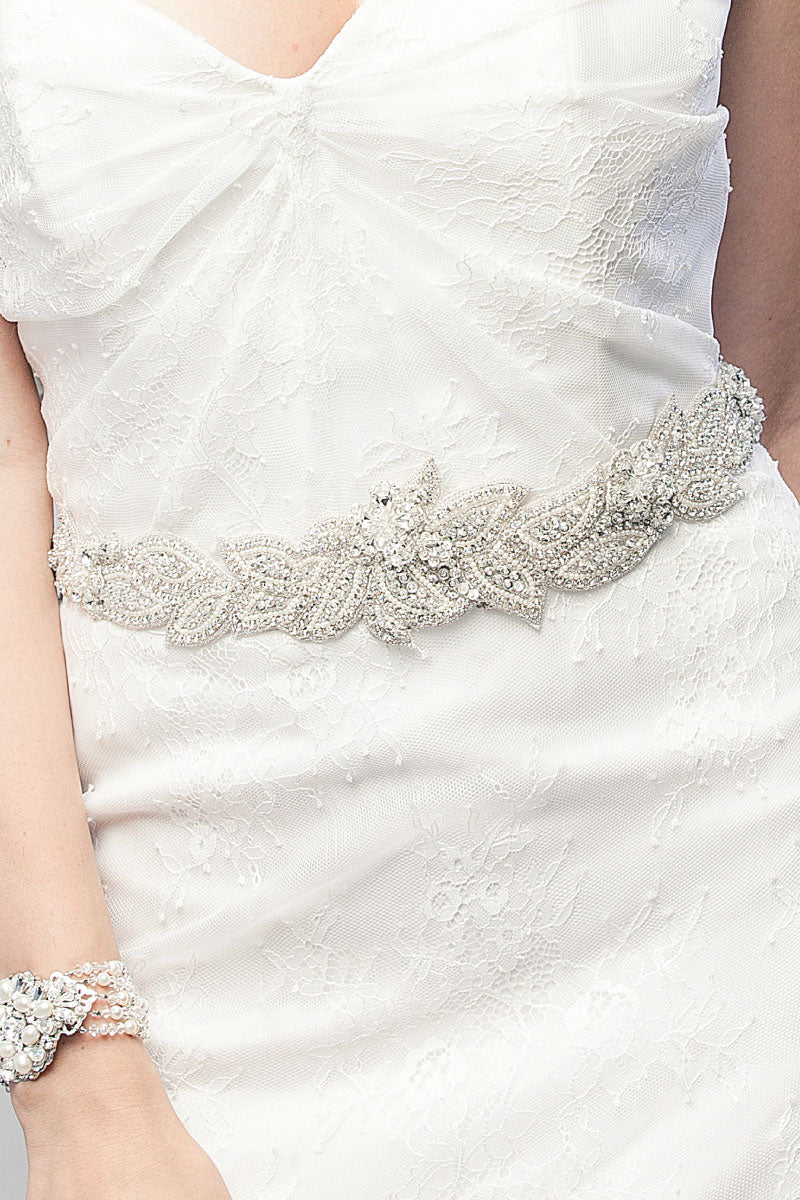 Torso of woman wearing Eustacia wedding belt by Laura Jayne Accessories