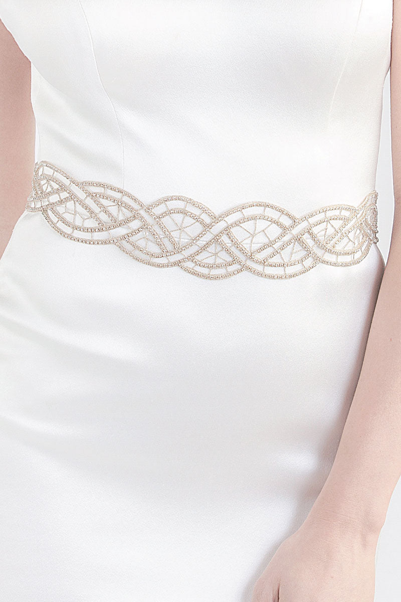 Torso of bride wearing gold crystal bridal belt Moderne by Laura Jayne Accessories