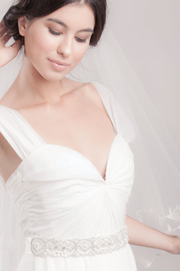 Side profile of bride wearing Athens rondelle bridal belt by Laura Jayne