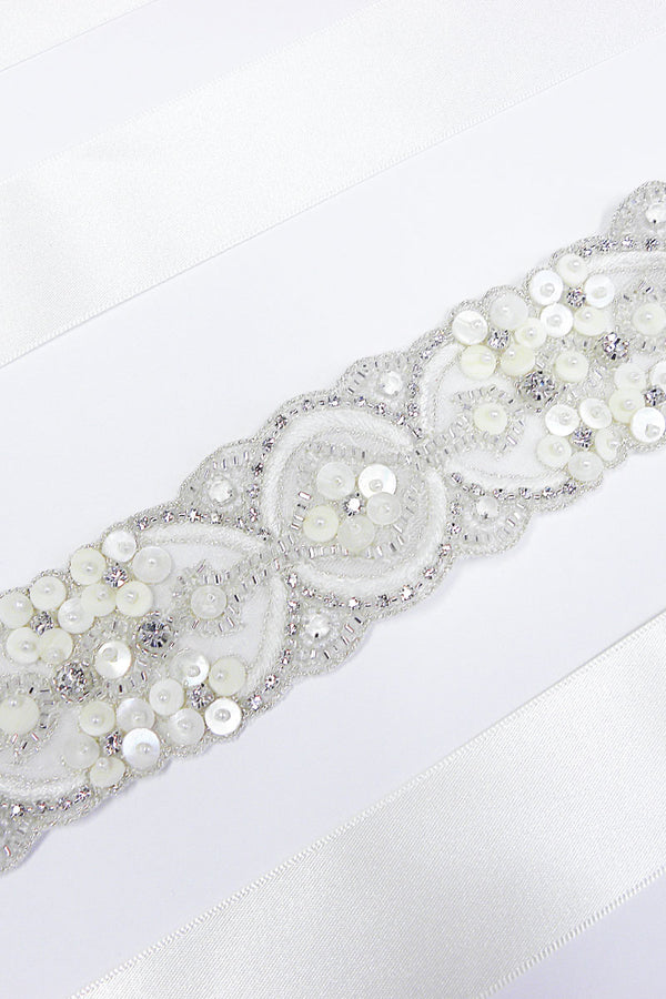 Detail of Laura Jayne Athens rondelle bridal sash beadwork handcrafted in Toronto