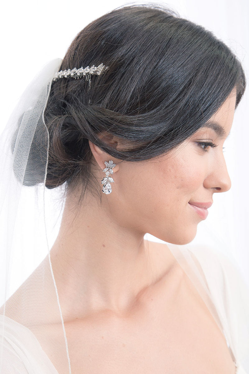 Woman with hair up wearing Laura Jayne Laurel CZ wedding headband at the back of her hair. Handcrated in Toronto, Canada.