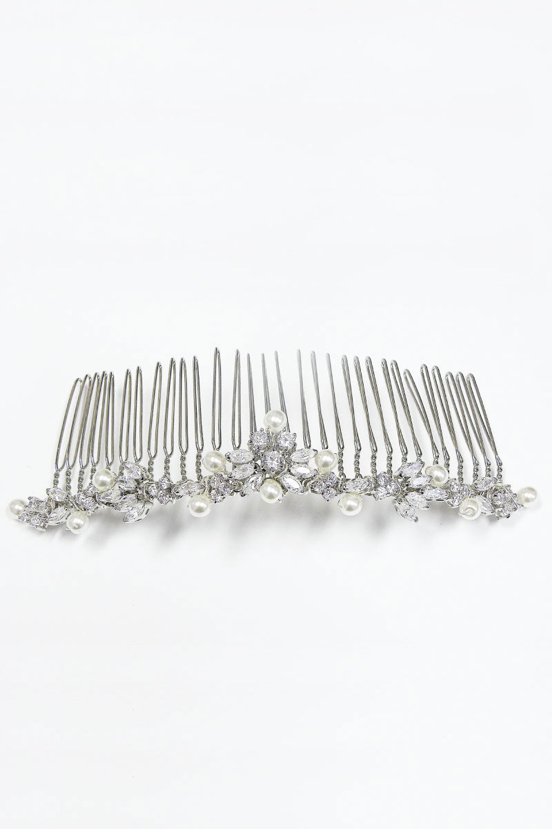 Beautiful low-profile crystal and pearl Audree tiara bridal comb. Handcrafted in Canada by Laura Jayne Accessories Toronto.