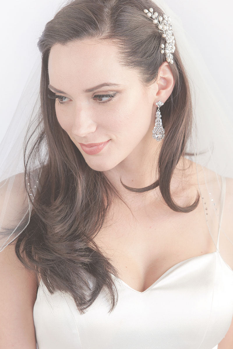 Close up of beading on Corsica Two Tier Fingertip Veil. Made in Canada by Laura Jayne Accessories Toronto.