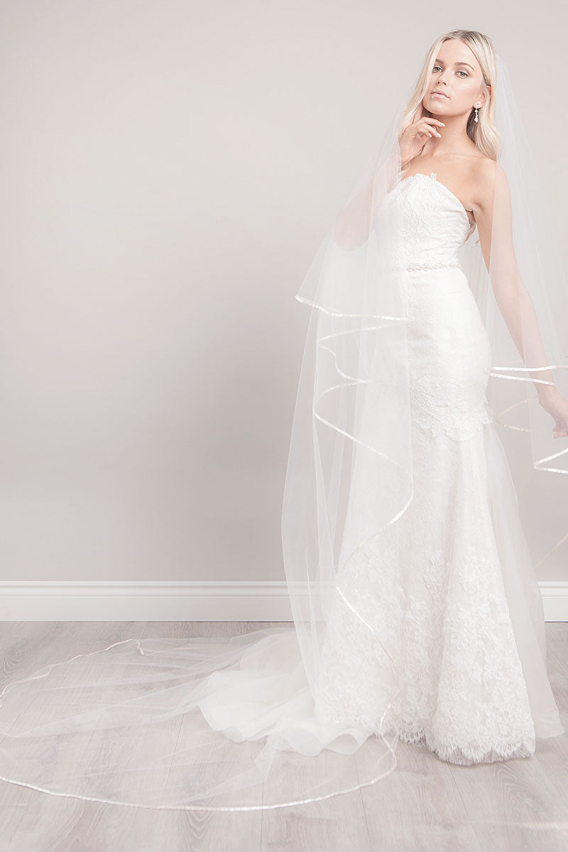 Full view of Miranda cathedral veil with satin ribbon by Laura Jayne Accessories Toronto. Handmade in Canada.