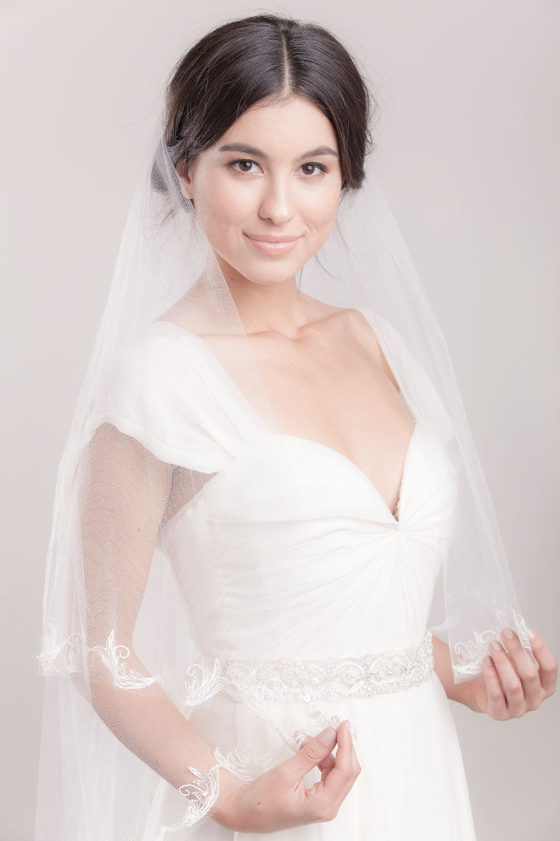 Bride wearing embroidered chapel veil Sydney by Laura Jayne Accessories